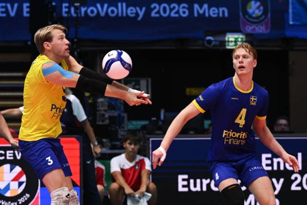 September 16, 2026: Joel Andersson and Axel Algulin of Sweden during the CEV EuroVolley 2026 group stage volleyball match between Sweden and Slovakia on September 16, 2026 in Modena. Photo by Matteo Gribaudi, BILDBYRAN COP 18 XY0130 volleyball volleyball volleyball European Championships Sweden Slovakia CEV EuroVolley 2026 Sweden Slovakia bbeng  Copyright: MATTEOxGRIBAUDI BB260916BB190