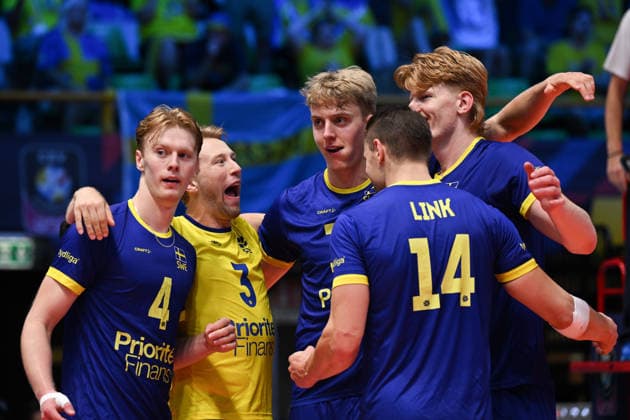 September 16, 2026: Axel Algulin, Joel Andersson, Axel Enlund, Jacob Ekman, and Jacob Link of Sweden celebrate during the CEV EuroVolley 2026 group stage volleyball match between Sweden and Slovakia on September 16, 2026 in Modena. Photo by Matteo Gribaudi, BILDBYRAN COP 18 XY0130 volleyball volleyball volleyball European Championships Sweden Slovakia CEV EuroVolley 2026 Sweden Slovakia BBENG celebration  Copyright: MATTEOxGRIBAUDI BB260916BB212