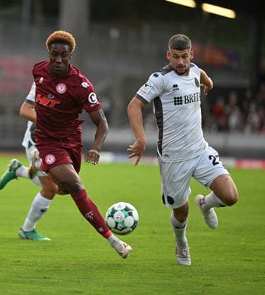 September 16, 2026, xophax, Soccer 3rd Division, Fortuna Cologne vs. SV Wehen Wiesbaden; on the left: Romeo Aigbekaen (Fortuna Cologne) and Jordy Steven Gillekens (SV Wehen Wiesbaden); on the right: Cologne
