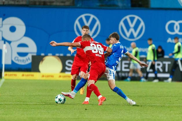 Enis Redzepi (VfB) vs. Florian Bohnert (Rostock, GER), FC Hansa Rostock vs. VfB Stuttgart II, Soccer, Men, 3rd Division, Matchday 6, 2026–2027 Season, September 16, 2026, Rostock Ostseestadion, Mecklenburg-Western Pomerania, Germany