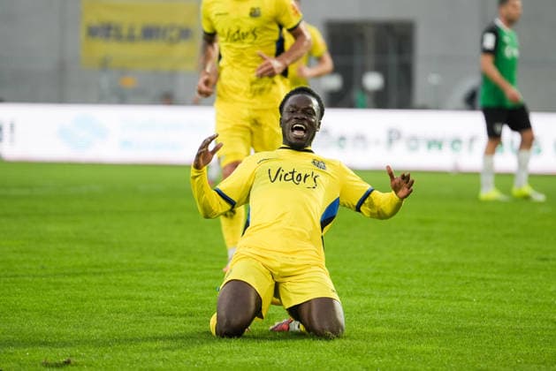Germany 3rd Division 2026–2027, Matchday 6: SC Preußen Münster vs. 1. FC Saarbrücken, Wednesday, September 16, 2026, LVM Preußenstadion, Münster, North Rhine-Westphalia, Germany; Goal celebration, joy, emotions; Goal to make it 0–2 by Kelsey Owusu, 1 FC Saarbrücken, 31 Copyright: xMerlexKölkingx