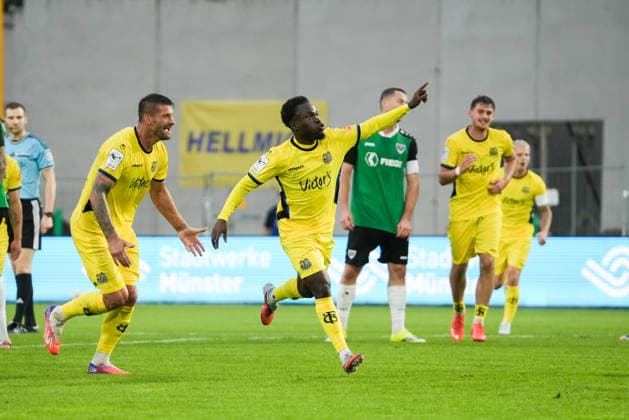 Germany 3rd Division 2026–2027, Matchday 6: SC Preußen Münster vs. 1 FC Saarbrücken, Wednesday, September 16, 2026, LVM Preußenstadion Münster, North Rhine-Westphalia, Germany—Goal celebration, joy, emotions—Goal to make it 0–2 by Kelsey Owusu, 1 FC Saarbrücken, 31 Copyright: xMerlexKölkingx