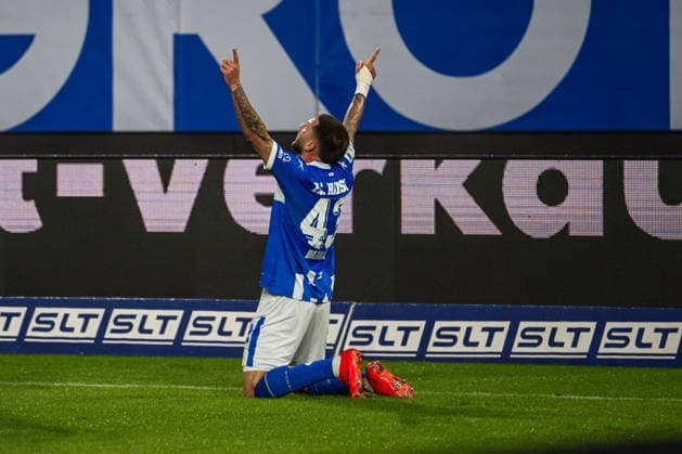 Rostock, Germany, September 16, 2026, 3rd Division 2026–2027, Matchday 6: FC Hansa Rostock vs. VfB Stuttgart II. Pictured: Leon Dajaku. Hansa Rostock celebrates after his goal to make it 1–0. DFB and DFL regulations prohibit any use of photographs as image sequences and or quasi-video. Copyright: xFotostandx xVoelkerx