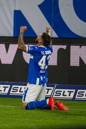 Rostock, Germany, September 16, 2026, 3rd Division 2026–2027, Matchday 6: FC Hansa Rostock vs. VfB Stuttgart II. Pictured: Leon Dajaku. Hansa Rostock celebrates after his goal to make it 1–0. DFB and DFL regulations prohibit any use of photographs as image sequences and or quasi-video. Copyright: xFotostandx xVoelkerx