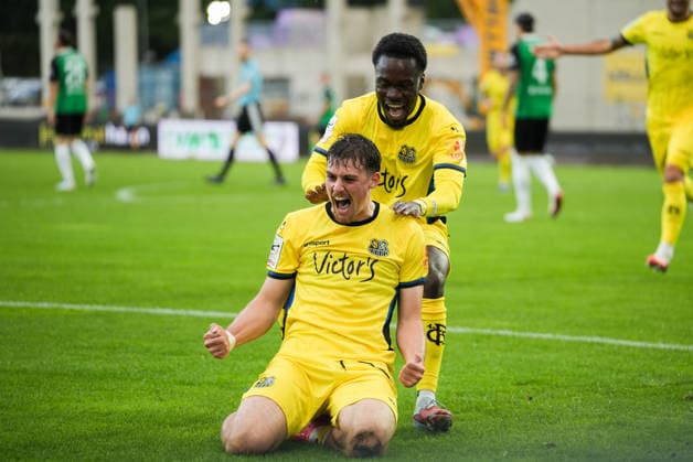 Germany 3rd Division 2026–2027, Matchday 6: SC Preußen Münster vs. 1 FC Saarbrücken, Wednesday, September 16, 2026, LVM Preußenstadion Münster, North Rhine-Westphalia, Germany; Goal celebrations, joy, emotions; Goal to make it 0–1 for 1 FC Saarbrücken by Alexander Staff; 1 FC Saarbrücken, 29 Copyright: xMerlexKölkingx