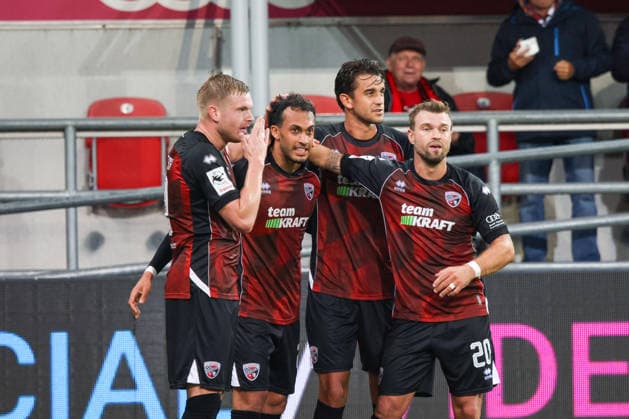 Celebrations after the goal—Nishan Velupillay scores to make it 0–1 for FC Ingolstadt 04, No. 28, with Yannick Deichmann of FC Ingolstadt 04, No. 20, during the match between FC Ingolstadt 04 and TSG Hoffenheim II on September 16, 2026, DFB regulations prohibit any use of photographs as image sequences and or quasi-video. GER, Soccer, 3. Liga, Matchday 6, FC Ingolstadt 04 vs. TSG Hoffenheim II, September 16, 2026, Audi Sportpark Ingolstadt Copyright: xEibner-Pressefoto OliverxSTRISCHx EP-OSH