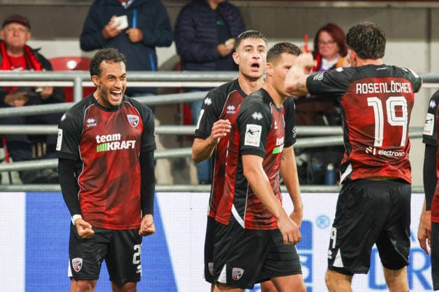 Celebration after the goal—Nishan Velupillay (FC Ingolstadt 04, No. 28) scores the 0–1 goal in the match between FC Ingolstadt 04 and TSG Hoffenheim II on September 16, 2026, DFB regulations prohibit any use of photographs as image sequences and or quasi-video. GER, Soccer, 3. Liga, Matchday 6, FC Ingolstadt 04 vs. TSG Hoffenheim II, September 16, 2026, Audi Sportpark Ingolstadt Copyright: xEibner-Pressefoto OliverxSTRISCHx EP-OSH