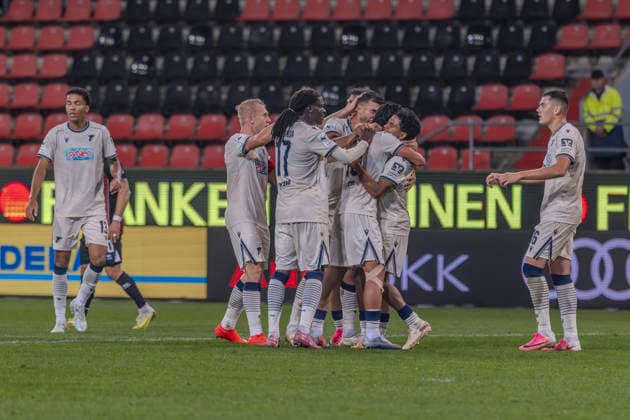 Ingolstadt, Germany, August 8, 2026, 3rd League 2026–2027, Matchday 6: FC Ingolstadt 04 vs. TSG Hoffenheim II. Pictured in the crowd: goal scorer Yasin Zor of TSG II celebrates with his teammates after scoring the 1–1 goal, DFB and DFL regulations prohibit any use of photographs as image sequences and or quasi-video footage. Audi Sportpark Bayern Copyright: xFotostandx xSchäferx