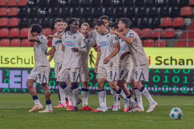 Ingolstadt, Germany, August 8, 2026, 3rd League 2026–2027, Matchday 6: FC Ingolstadt 04 vs. TSG Hoffenheim II. Pictured in the crowd is goal scorer Yasin Zor of TSG II celebrating with his teammates after his goal tied the game at 1–1, DFB and DFL regulations prohibit any use of photographs as image sequences and or quasi-video. Audi Sportpark Bayern Copyright: xFotostandx xSchäferx
