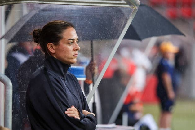 Coach Sabrina Wittmann, head coach of FC Ingolstadt 04, before the game as rain begins to fall during the match between FC Ingolstadt 04 and TSG Hoffenheim II on September 16, 2026, DFB regulations prohibit any use of photographs as image sequences and or quasi-video. GER, Soccer, 3. Liga, Matchday 6, FC Ingolstadt 04 vs. TSG Hoffenheim II, September 16, 2026, Audi Sportpark Ingolstadt Copyright: xEibner-Pressefoto OliverxSTRISCHx EP-OSH