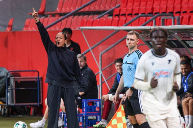 Coach Sabrina Wittmann, head coach of FC Ingolstadt 04, is fully focused on the match between FC Ingolstadt 04 and TSG Hoffenheim II on September 16, 2026, DFB regulations prohibit any use of photographs as image sequences and or quasi-video. GER, Soccer, 3. Liga, Matchday 6, FC Ingolstadt 04 vs. TSG Hoffenheim II, September 16, 2026, Audi Sportpark Ingolstadt Copyright: xEibner-Pressefoto OliverxSTRISCHx EP-OSH
