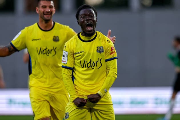 September 16, 2026, xkwix, Soccer, 3rd Division, Preußen Münster vs. 1. FC Saarbrücken, Preußenstadion, Matchday 6, 2026–2027 Season: Kelsey Owusu celebrates 1 FC Saarbrücken’s 31st goal after scoring to make it 0–2. DFB regulations prohibit any use of photographs as image sequences and or quasi-video. Photo: xKamilxWilkowskixPressefotoKochx, North Rhine-Westphalia, Germany