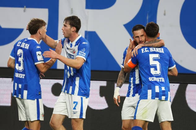 FC Hansa Rostock vs. VFB Stuttgart II, Rostock, September 16, 2026, Soccer 3rd Division: FC Hansa Rostock 1–0 VFB Stuttgart II. Cheers after Leon Dajuku s goal. FC Hansa Rostock at Rostock Ostseestadion, Mecklenburg-Western Pomerania, Germany