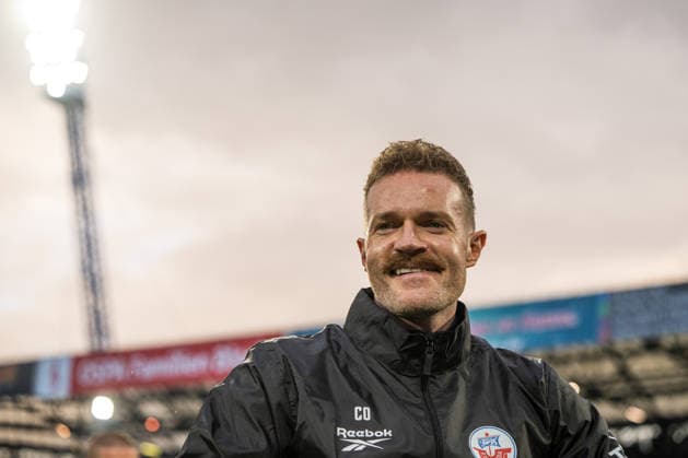 Rostock, Germany, September 16, 2026, 3rd League 2026–2027, Matchday 6: FC Hansa Rostock vs. VfB Stuttgart II. Pictured: Interim coach Yannic Thiel of Hansa Rostock smiling on the field. DFB and DFL regulations prohibit any use of photographs as image sequences and or quasi-video. Copyright: xFotostandx xVoelkerx