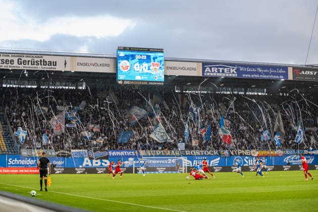 Rostock, Germany, September 16, 2026; 3. Liga 2026–2027, Matchday 6: FC Hansa Rostock vs. VfB Stuttgart II. Pictured: A choreographed display in the South Stand. DFB and DFL regulations prohibit any use of photographs as image sequences and or quasi-video. Copyright: xFotostandx xVoelkerx