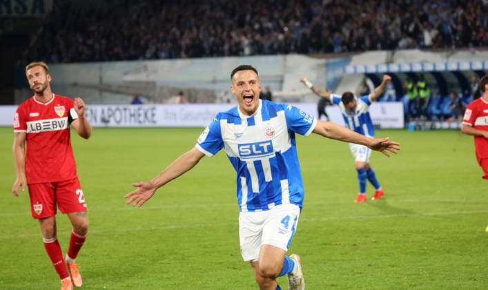 FC Hansa Rostock vs. VFB Stuttgart II, Rostock, September 16, 2026, Soccer 3rd Division: FC Hansa Rostock 2–0 VFB Stuttgart II (penalty kick by Kenan Fatkic); FC Hansa Rostock scores and celebrates at the Ostseestadion in Rostock, Mecklenburg-Western Pomerania, Germany