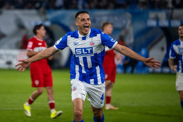 Rostock, Germany September 16, 2026 3. Liga 2026–2027 Match 6: FC Hansa Rostock vs. VfB Stuttgart II Pictured: Kenan Fatkic. Hansa Rostock celebrates after his goal to make it 2–0. DFB and DFL regulations prohibit any use of photographs as image sequences and or quasi video Copyright: xFotostandx xVoelkerx
