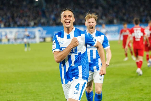 Goal celebration 2-0; goal scorer: Kenan Fatkic (Rostock); defender: Andreas Voglsammer (Rostock); GER, FC Hansa Rostock vs. VfB Stuttgart II, soccer, men s, 3. Liga, Matchday 6, 2026–2027 season, September 16, 2026, Rostock Ostseestadion, Mecklenburg-Western Pomerania, Germany