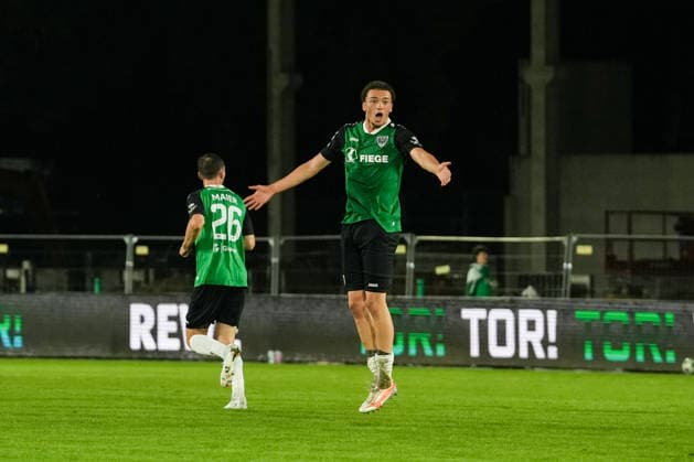 Germany 3rd Division 2026–2027, Matchday 6: SC Preußen Münster vs. 1 FC Saarbrücken, Wednesday, September 16, 2026, LVM Preußenstadion, Münster, North Rhine-Westphalia, Germany; Goal celebration, joy, emotions; Goal by Lucas Zeller (SC Preußen Münster), 5–2; 3 Samuel Althaus (SC Preußen Münster), 44 Copyright: xMerlexKölkingx