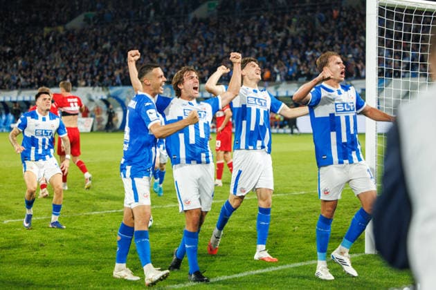 2nd from left: Benno Dietze of Rostock celebrates his goal to make it 3–2 for Germany, FC Hansa Rostock vs. VfB Stuttgart II, soccer, men’s, 3. Liga, Matchday 6, 2026–2027 season, September 16, 2026, Rostock Ostseestadion, Mecklenburg-Western Pomerania, Germany