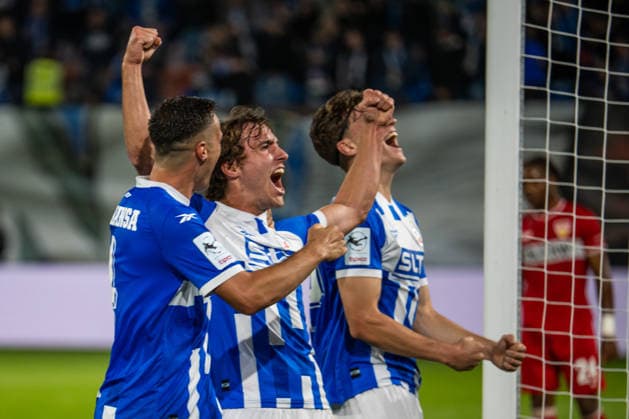 Rostock, Germany, September 16, 2026, 3. Liga 2026–2027, Matchday 6: FC Hansa Rostock vs. VfB Stuttgart II. Pictured, second from the left: Benno Dietze of Hansa Rostock celebrates with his teammates after scoring the goal that made the score 3–2. DFB and DFL regulations prohibit any use of photographs as image sequences and or quasi-video Copyright: xFotostandx xVoelkerx