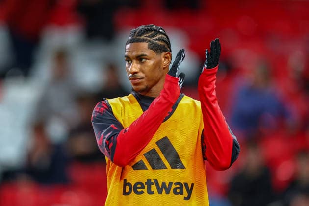 16th September 2026; Old Trafford, Manchester, England; Carabao Cup Football, Manchester United, ManU versus Brighton and Hove Albion; Marcus Rashford of Manchester United during the warm up RogerxEvans