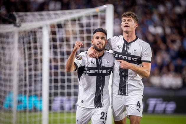 STURM GRAZ - RENNES Adrien Thomasson, Charlie Cresswell of Rennes celebrates a VAR disallowed goal during the matchday 1 of UEFA Europa league - league phase football match between SK Sturm Graz and Rennes at the Stadium Graz Liebenau. Graz, Austria, September 16, 2026. Photo by Branislav Racko Copyright: xx 080A2558