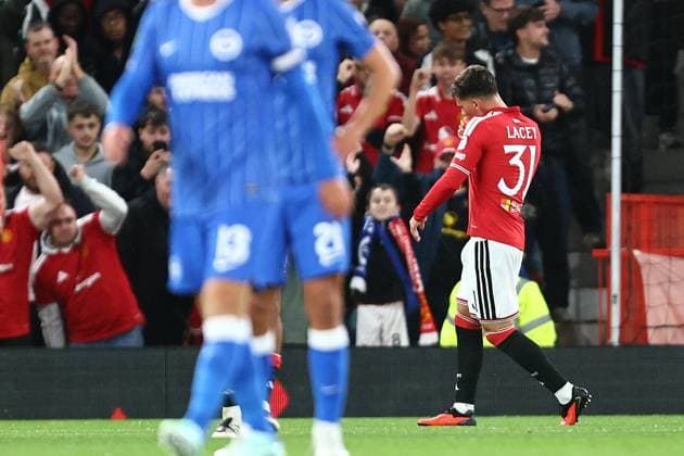 Shea Lacey of Manchester United, ManU celebrates scoring their sides first goal by kissing the badge Manchester United v Brighton & Hove Albion, EFL Carabao Cup, Football, Old Trafford, UK - 16 Sep 2026Manchester Old Trafford United Kingdom EDITORIAL USE ONLY No use with unauthorised audio, video, data, fixture lists, club league logos or live services. Online in-match use limited to 120 images, no video emulation. No use in betting, games or single club league player publications.  Copyright: xPhilxOldham Shutterstockx 17154491t