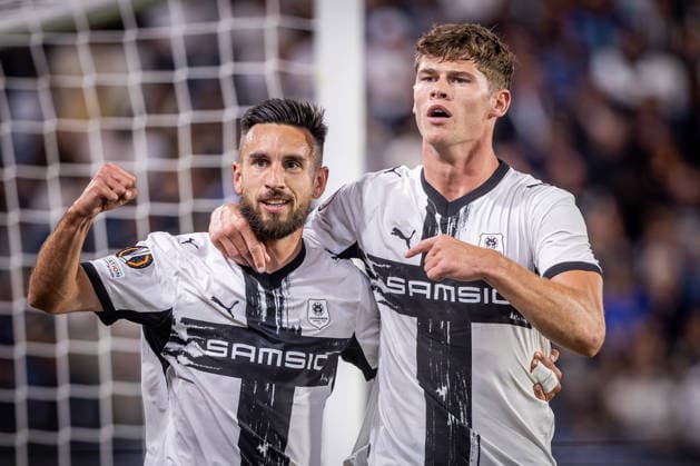 STURM GRAZ - RENNES Adrien Thomasson, Charlie Cresswell of Rennes celebrates a VAR disallowed goal during the matchday 1 of UEFA Europa league - league phase football match between SK Sturm Graz and Rennes at the Stadium Graz Liebenau. Graz, Austria, September 16, 2026. Photo by Branislav Racko Copyright: xx 080A2546