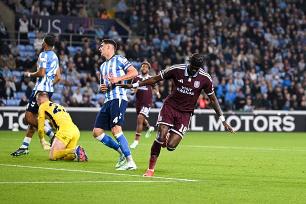 Coventry, England, 16th September 2026. Tammy Abraham of Aston Villa celebrates scoring the opening goal during the Coventry City vs Aston Villa Carabao Cup match at the Coventry Building Society Arena, Coventry. Picture credit should read: Harriet Massey Sportimage EDITORIAL USE ONLY. No use with unauthorised audio, video, data, fixture lists, club league logos or live services. Online in-match use limited to 120 images, no video emulation. No use in betting, games or single club league player publications. SPI_022_HM_COV_v_Villa_160926 SPI-5000-0022