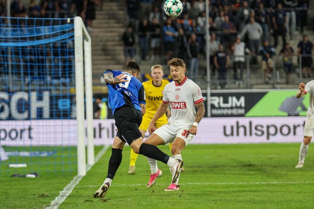 Goncalo Gregorio, SV Waldhof Mannheim, scored the 9th goal with a header in the match between SV Waldhof Mannheim and Rot-Weiss Essen on September 16, 2026, at the Carl Benz Stadium in Mannheim. Photo by Alfio Marino Copyright: