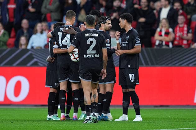 September 16, 2026, xydrx, Men s, Soccer, Europa League, Bayer 04 Leverkusen vs. NK Celje, 2026–2027 season, BayArena: Celebration after Bayer 04 Leverkusen’s 1–0 goal scored by Aleix Garcia (Bayer 04 Leverkusen, 24), alongside Patrik Schick (Bayer 04 Leverkusen, 14) and Facundo Medina (Bayer 04 Leverkusen, 2, and Malik Tillman (Bayer 04 Leverkusen, 10). Regulations prohibit any use of photographs as image sequences and or quasi-video. Copyright: HMBxMedia YannisxDreimann