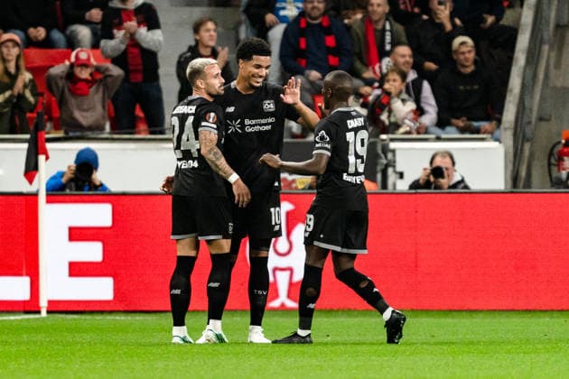 2026–2027 UEFA Europa League, Bayer 04 Leverkusen vs. NK Celje, Matchday 1, Wednesday, September 16, 2026, BayArena, North Rhine-Westphalia, Germany; 1–0 goal by Aleix Garcia; celebration, joy, emotions, goal celebration, Malik Tillman, Moussa Diaby Copyright: xCelinaxLeiersx
