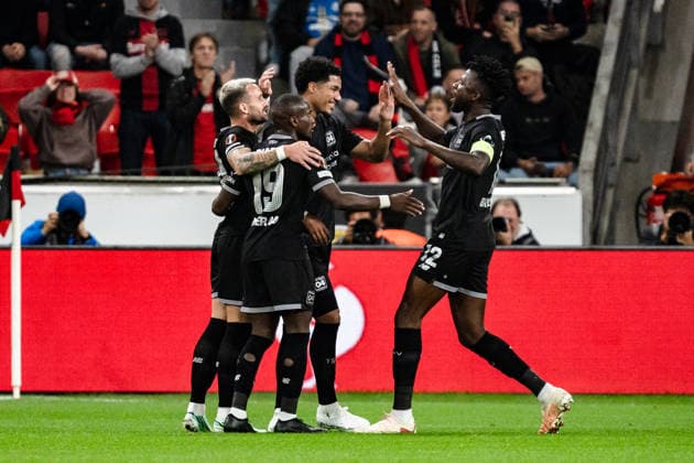 2026–2027 UEFA Europa League, Bayer 04 Leverkusen vs. NK Celje, Matchday 1, Wednesday, September 16, 2026, BayArena, North Rhine-Westphalia, Germany; 1–0 goal by Aleix Garcia; celebration, joy, emotions, goal celebration; Malik Tillman, Moussa Diaby, Edmond Tapsoba Copyright: xCelinaxLeiersx