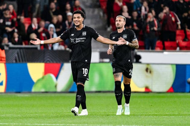 2026–2027 UEFA Europa League, Bayer 04 Leverkusen vs. NK Celje, Matchday 1, Wednesday, September 16, 2026, BayArena, North Rhine-Westphalia, Germany. Goal to make it 1–0 by Aleix Garcia; celebration, joy, emotions, goal celebration, Malik Tillman Copyright: xCelinaxLeiersx