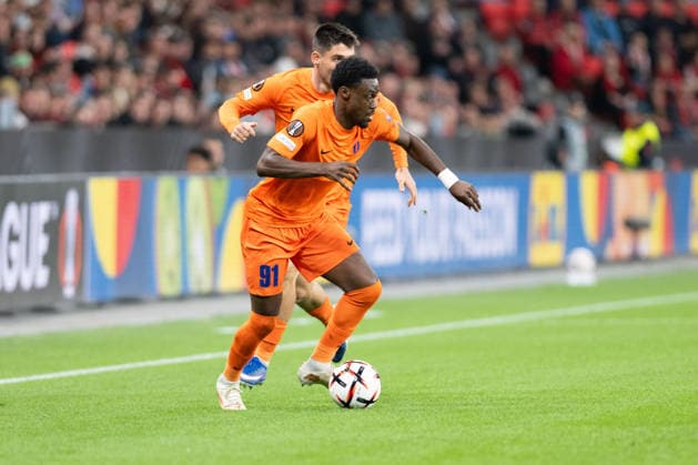 Veton Tusha 91 NK Celje in possession, Bayer 04 Leverkusen vs. NK Celje, Soccer, UEFA Europa League, Group Stage, 2026–2027, September 16, 2026, Leverkusen, North Rhine-Westphalia, Germany Copyright: xkolbert-press MarkusxVerwimpx