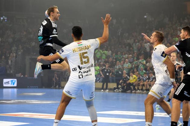September 16, 2026, GER Germany, Handball, EHF Champions League, September 16, 2026, 2026–2027 season, Berlin, Fuechse Berlin vs. Veszprém HC Mathias Gidsel (Fuechse Berlin 19), Ahmed Hesham (Veszprém 15), nordphoto GmbH, Engler Berlin, Max Schmeling Halle, Berlin, Germany Copyright: xNordphotox xEnglerx