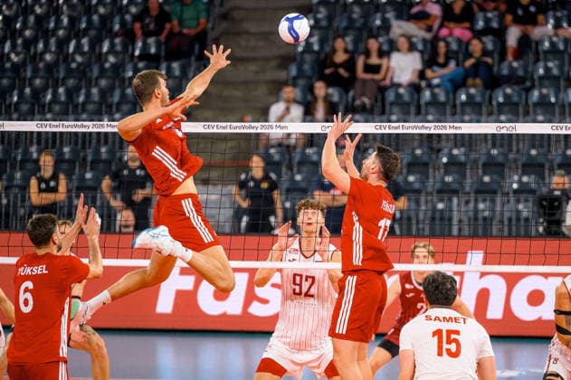 Turkiye v Latvia - CEV EuroVolley 2026 Men CLUJ-NAPOCA, ROMANIA - SEPTEMBER 16: Ahmet Samet Baltaci (L) of Turkiye in action during the CEV EuroVolley 2026 Men s Group D match between Turkiye and Latvia at BT Arena in Cluj-Napoca, Romania, on September 16, 2026. Stringer Anadolu Cluj-Napoca Romania. Editorial use only. Please get in touch for any other usage.  Copyright: x2026xAnadoluxStringerx
