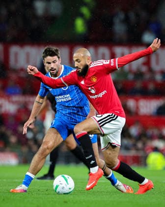 Carabao Cup round 3 Manchester United, ManU v Brighton & Hove Albion Noussair Mazraoui of Manchester United makes a run with the ball during the Carabao Cup round 3 match Manchester United vs Brighton & Hove Albion at Old Trafford, Manchester, United Kingdom on 16 September 2026 (Photo by Mark Cosgrove News Images) Manchester Old Trafford Greater Manchester United Kingdom Copyright: xMarkxCosgrove NewsxImagesx