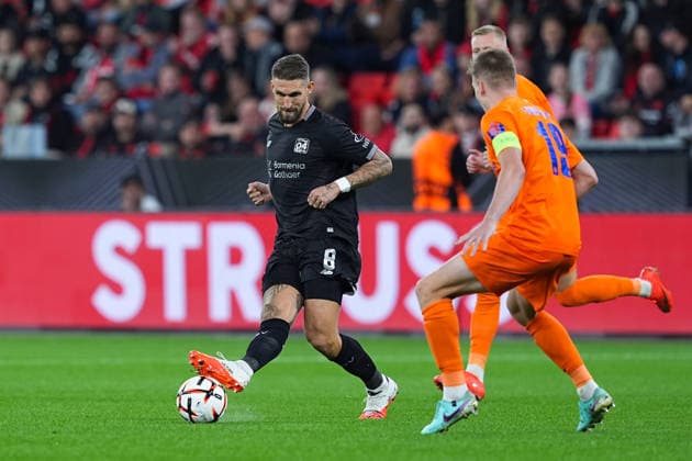 September 16, 2026, xydrx, Men s, Soccer, Europa League, Bayer 04 Leverkusen vs. NK Celje, 2026–2027 season, BayArena, Robert Andrich (Bayer 04 Leverkusen), No. 8 in a tackle against Mark Zabukovnik (NK Celje), 19. Regulations prohibit any use of photographs as image sequences and or quasi-video. Copyright: HMBxMedia YannisxDreimann