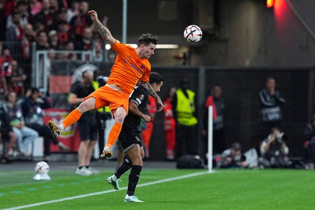 September 16, 2026, xydrx, Men s, Soccer, Europa League, Bayer 04 Leverkusen vs. NK Celje, 2026–2027 season, BayArena: Benjamin Verbic (NK Celje) in a 1-on-1 duel with Lucas Vázquez (Bayer 04 Leverkusen), 7. Regulations prohibit any use of photographs as image sequences and or quasi-video. Copyright: HMBxMedia YannisxDreimann