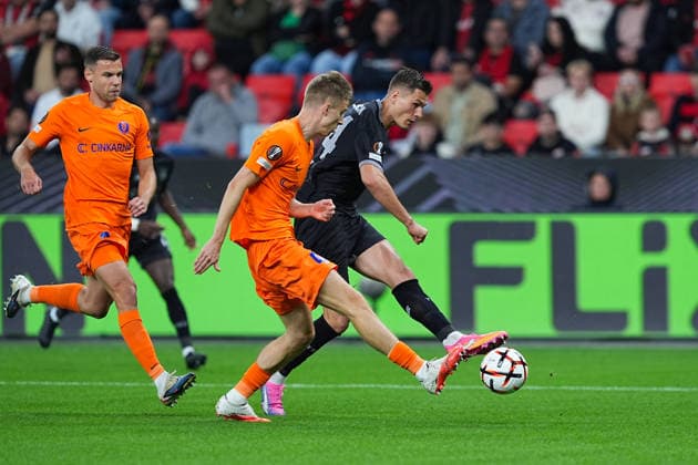 September 16, 2026, xydrx, Men s, Soccer, Europa League, Bayer 04 Leverkusen vs. NK Celje, 2026–2027 season, BayArena: Lukasz Bejger (NK Celje), No. 44, in a tackle against Patrik Schick (Bayer 04 Leverkusen), No. 14. Regulations prohibit any use of photographs as image sequences and or quasi-video. Copyright: HMBxMedia YannisxDreimann