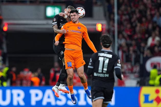 September 16, 2026, xydrx, Men s, Soccer, Europa League, Bayer 04 Leverkusen vs. NK Celje, 2026–2027 season, BayArena, Robert Andrich (Bayer 04 Leverkusen), No. 8 in a tackle against Svit Seslar (NK Celje), No. 10. Regulations prohibit any use of photographs as image sequences and or quasi-video. Copyright: HMBxMedia YannisxDreimann