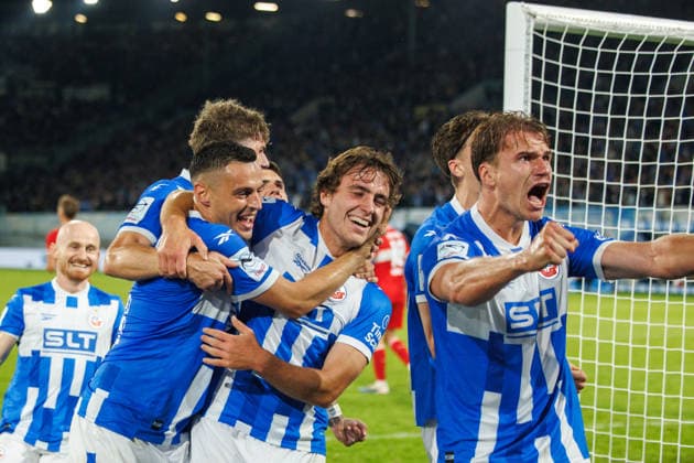 Goal celebration 3-2 (from left): Kenan Fatkic (Rostock), goal scorer Benno Dietze (Rostock), Florian Carstens (Rostock, GER), FC Hansa Rostock vs. VfB Stuttgart II, soccer, men s, 3. Liga, Matchday 6, 2026–2027 season, September 16, 2026, Rostock Ostseestadion, Mecklenburg-Western Pomerania, Germany