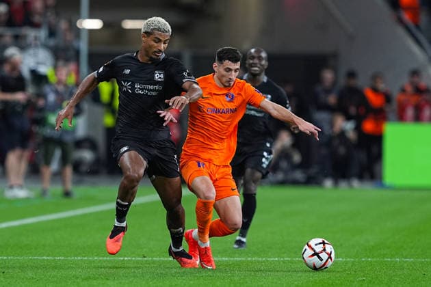 September 16, 2026, xydrx, Men s, Soccer, Europa League, Bayer 04 Leverkusen vs. NK Celje, 2026–2027 season, BayArena: Loic Bade (Bayer 04 Leverkusen), No. 5, in a tackle against Milot Avdyli (NK Celje), No. 11. Regulations prohibit any use of photographs as image sequences and or quasi-video. Copyright: HMBxMedia YannisxDreimann