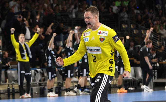 Goalkeeper Andreas Palicka celebrates after a save: Joy, Emotion, Celebration, Sports, Handball, Champions League, Men s Champions League, Matchday 2, 2026–2027 Season, September 16, 2026, Füchse Berlin vs. One Veszprém HC at the Max Schmeling Halle