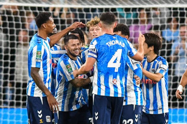 Coventry City v Aston Villa, EFL Carabao Cup, Coventry Building Society Arena, Coventry, UK - 16 September 2026 Coventry City s Victor Torp celebrates with team mates after scoring the equalising goal , UK NEWSPAPERS OUT Copyright: xRichardxBowcottx