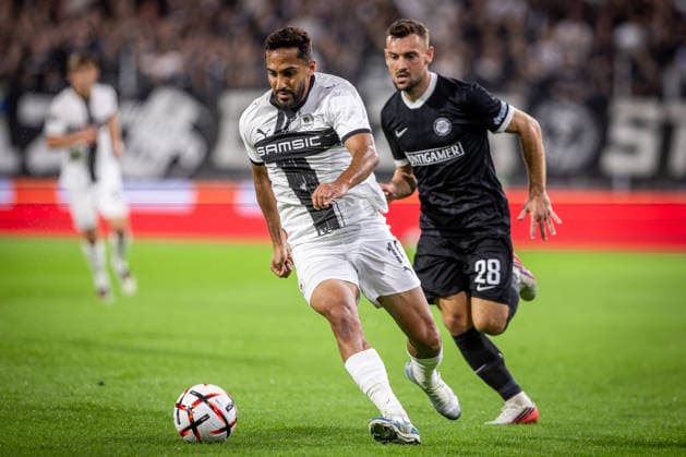 STURM GRAZ - RENNES Jurgen Heil of Sturm and Mousa Al Tamari of Rennes during the matchday 1 of UEFA Europa league - league phase football match between SK Sturm Graz and Rennes at the Stadium Graz Liebenau. Graz, Austria, September 16, 2026. Photo by Branislav Racko Copyright: xx 080A2711