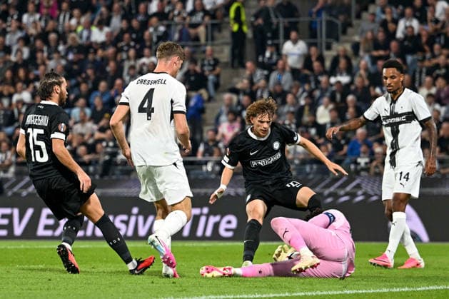 SOCCER - UEFA EL, Sturm vs Rennais GRAZ,AUSTRIA,16.SEP.26 - SOCCER - UEFA Europa League, Sturm Graz vs Stade Rennais FC. Image shows Gizo Mamageishvili (Sturm), Charlie Richard Cresswell (Rennes), Luis Balbo (Sturm), Brice Samba and Bryan Reynolds Jr (Rennes).  GEPAxpictures xAvnixRetkoceri