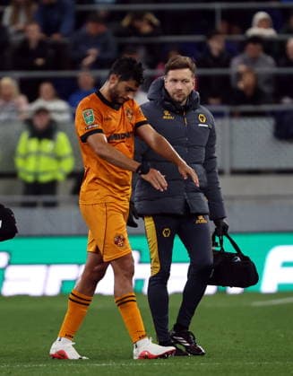16th September 2026; Everton Stadium, Liverpool, England; Carabao Cup Football, Everton versus Wolverhampton Wanderers; Raul Jimenez of Wolverhampton Wanderers goes off injured in the first half AlanxMartin